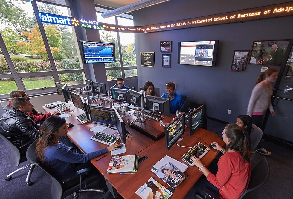 A view inside the James Riley, Jr. Trading Room at Adelphi University as students learn to invest.