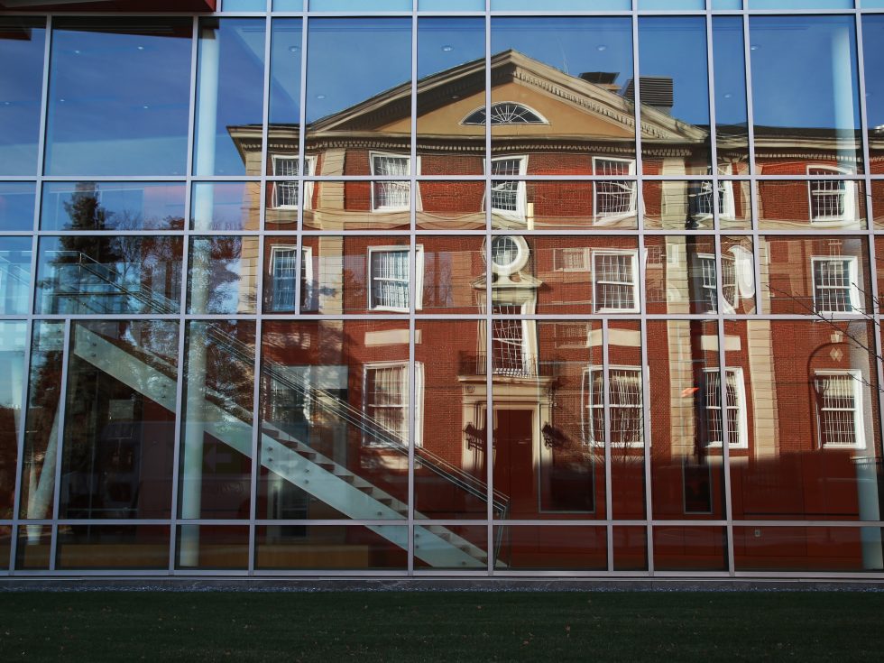 Levermore Hall reelected from the Nexus Building windows at Adelphi University.