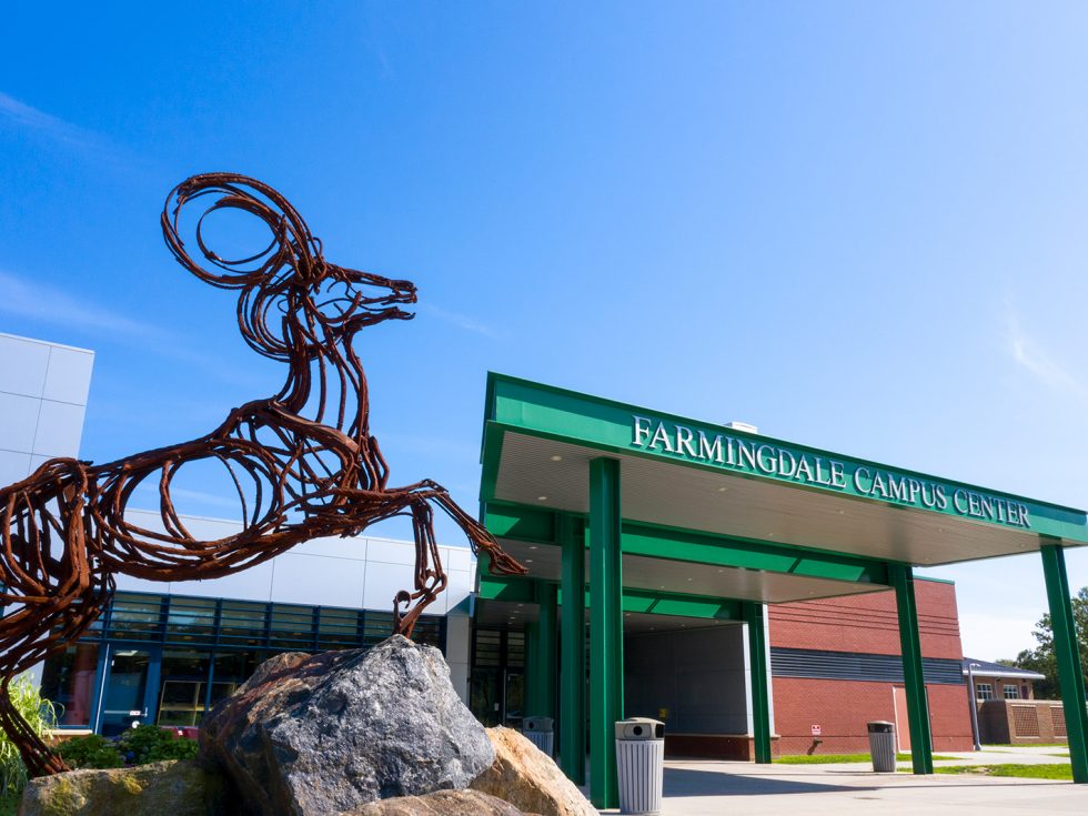 Farmingdale State College Campus with Ram sculpture.