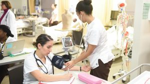 Adelphi nursing students performing hands-on clinical work.