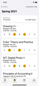 A view of a student’s enrolled courses in the new Adelphi mobile app.