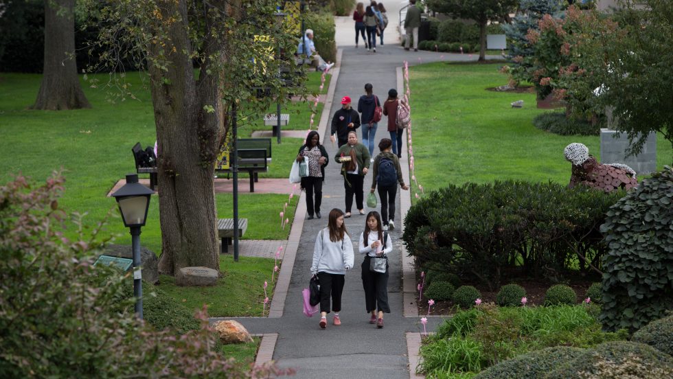 View of students walking on pathways on Adelphi's campus.