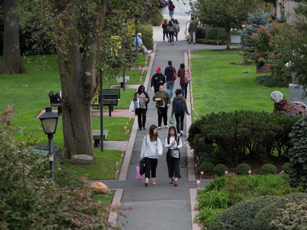 View of students walking on pathways on Adelphi's campus.