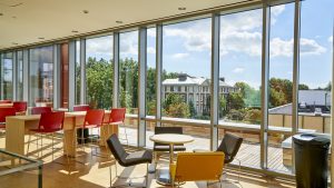Nexus second floor window seating overlooking Blodgett Hall