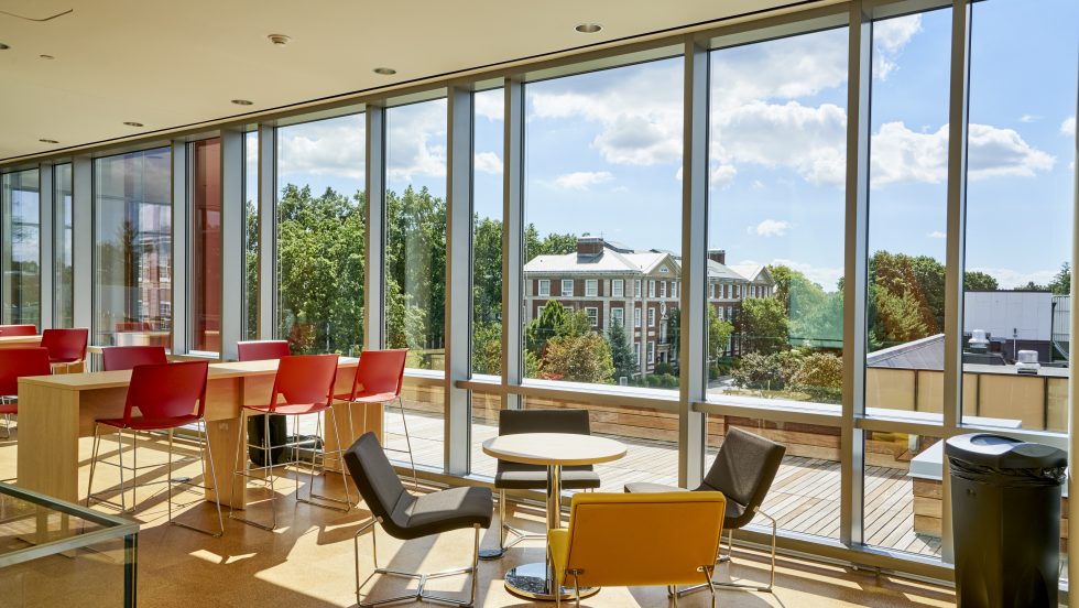 Nexus second floor window seating overlooking Blodgett Hall