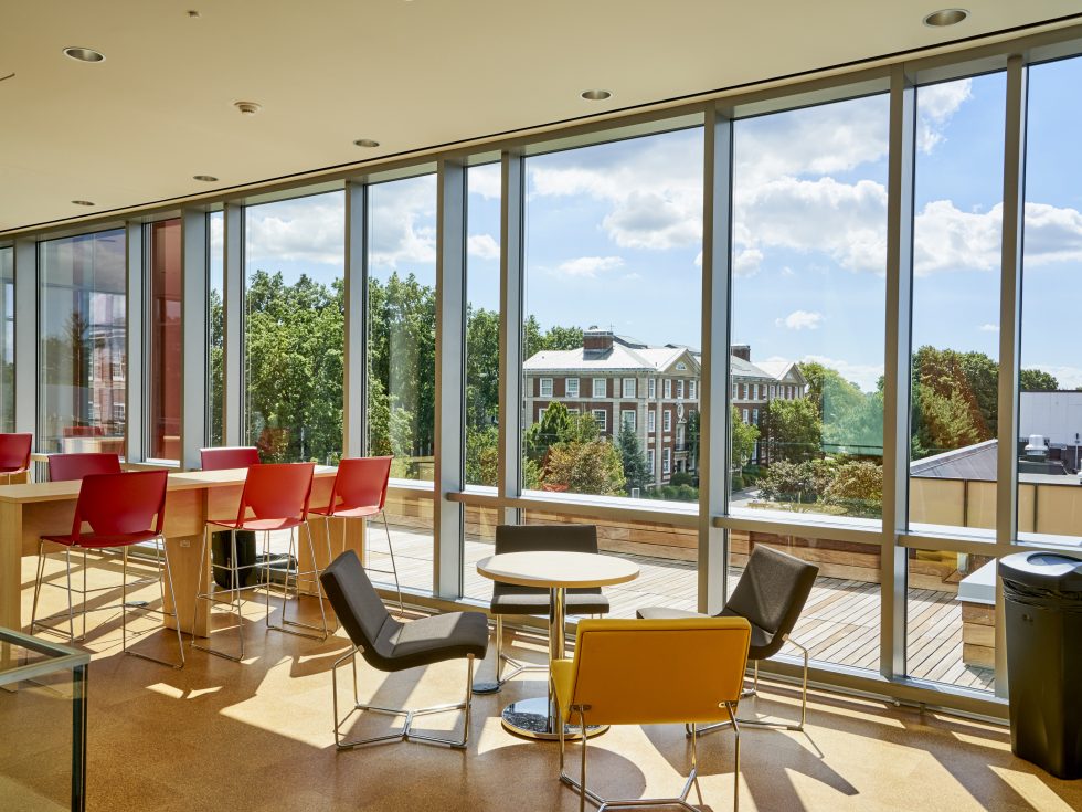 Nexus second floor window seating overlooking Blodgett Hall