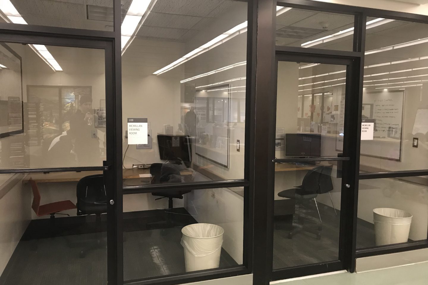 A view of empty viewing rooms in the library