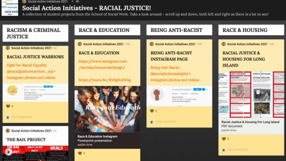 A presentation slide with a collection of student projects from the School of Social Work