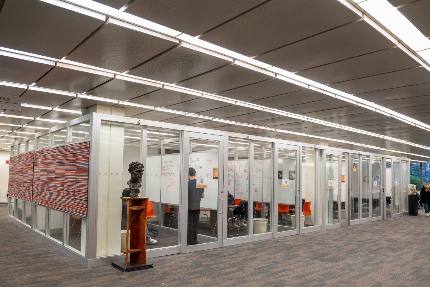 Reservable Collaboration Studios are designed for group work and equipped with whiteboards and technology.