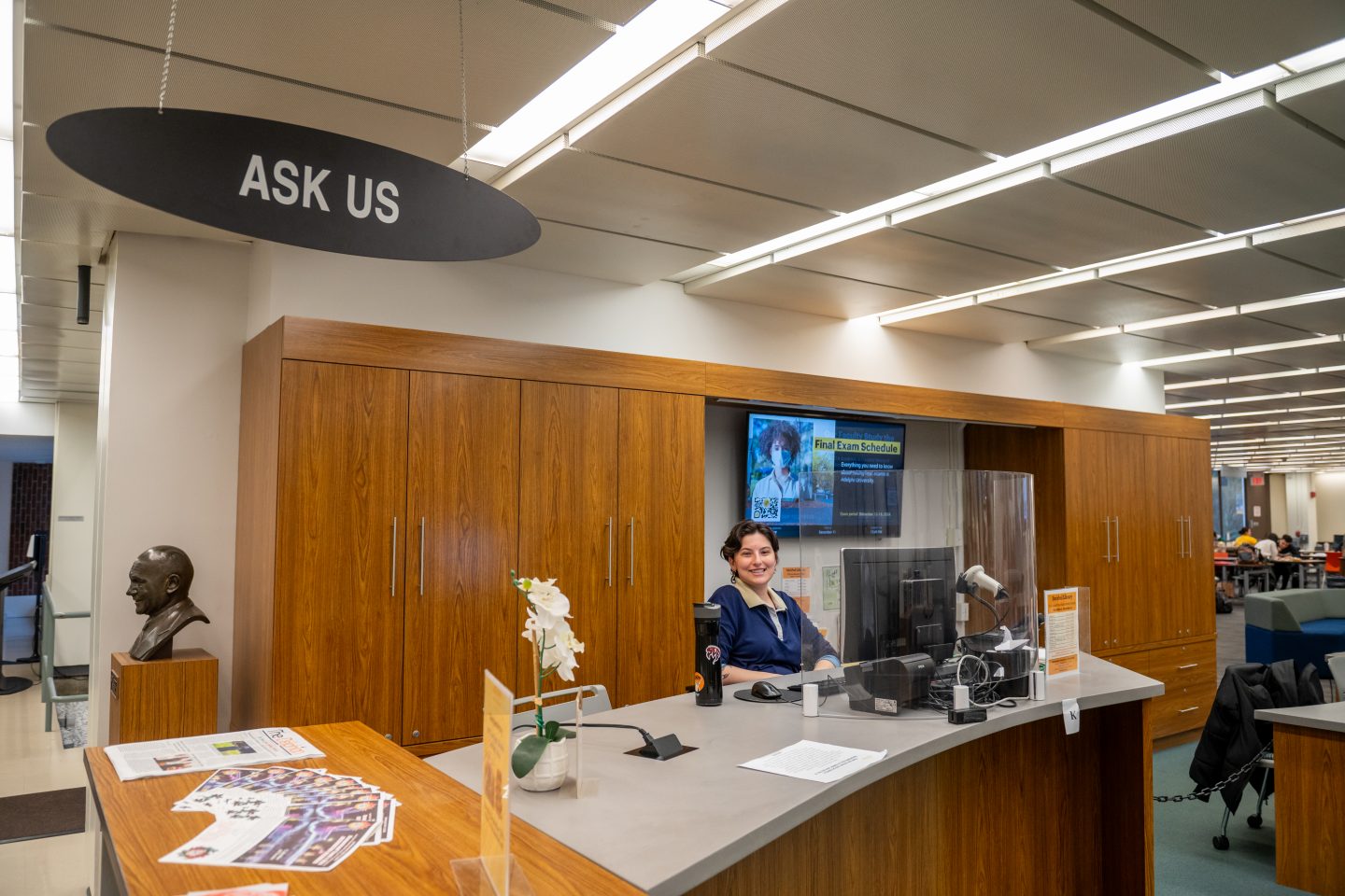 Stop by the Swirbul Library Service Desk on the first floor for assistance with library resources and services.
