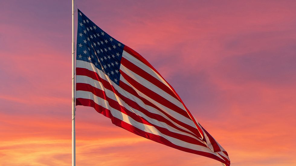 American flag at sunset