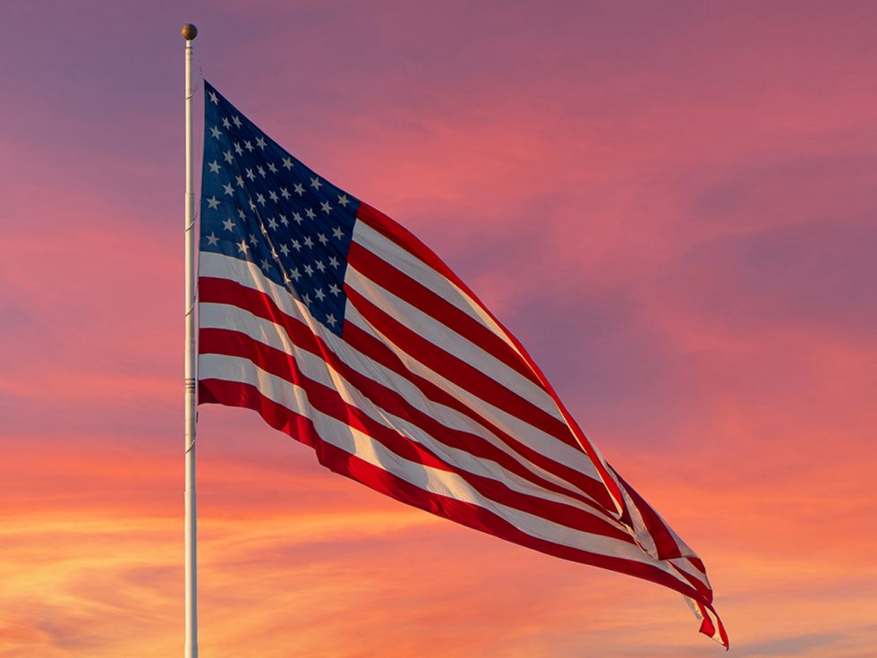 American flag at sunset