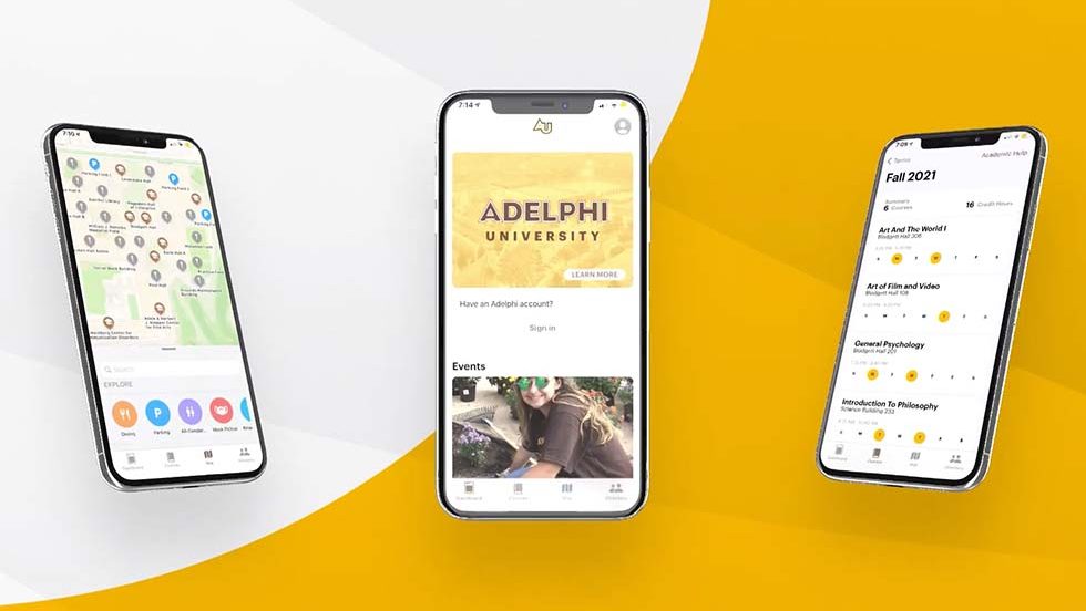 Three screen views of the Adelphi University student mobile app.