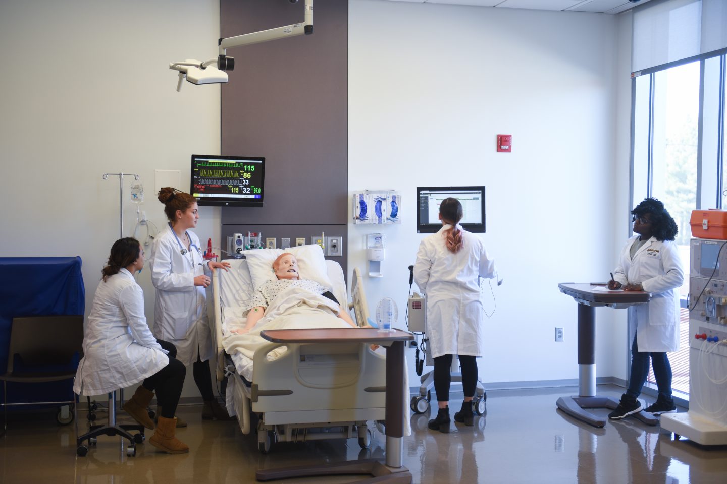 Here, a cohort of students addresses an emergency code situation with a high-fidelity manikin and gains experience in electronic medical record processes. Various manikins, supportive supplies and state-of-the-art equipment enable faculty and students to translate theory into practice.