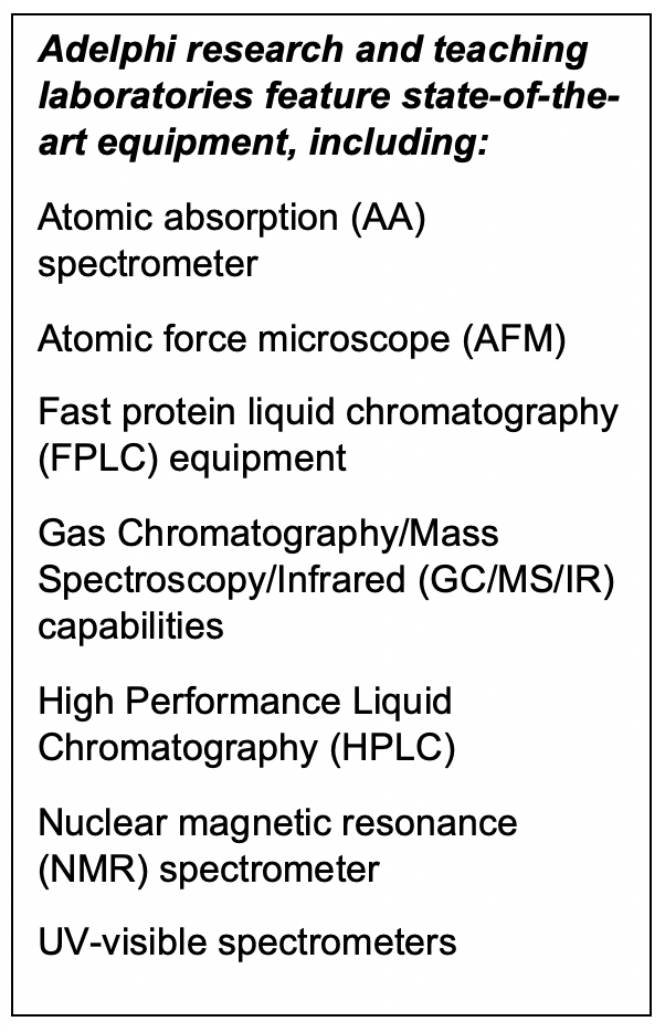 Adelphi research and teaching laboratories feature state-of-the-art equipment, including: Atomic absorption (AA) spectrometer Atomic force microscope (AFM) Fast protein liquid chromatography (FPLC) equipment Gas Chromatography/Mass Spectroscopy/Infrared (GC/MS/IR) capabilities High Performance Liquid Chromatography (HPLC) Nuclear magnetic resonance (NMR) spectrometer UV-visible spectrometers 