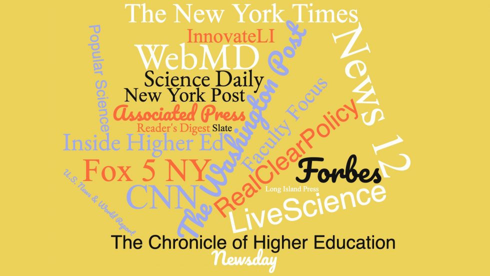 A word collage comprised of all the news media where Adelphi University was mentioned in 2021.