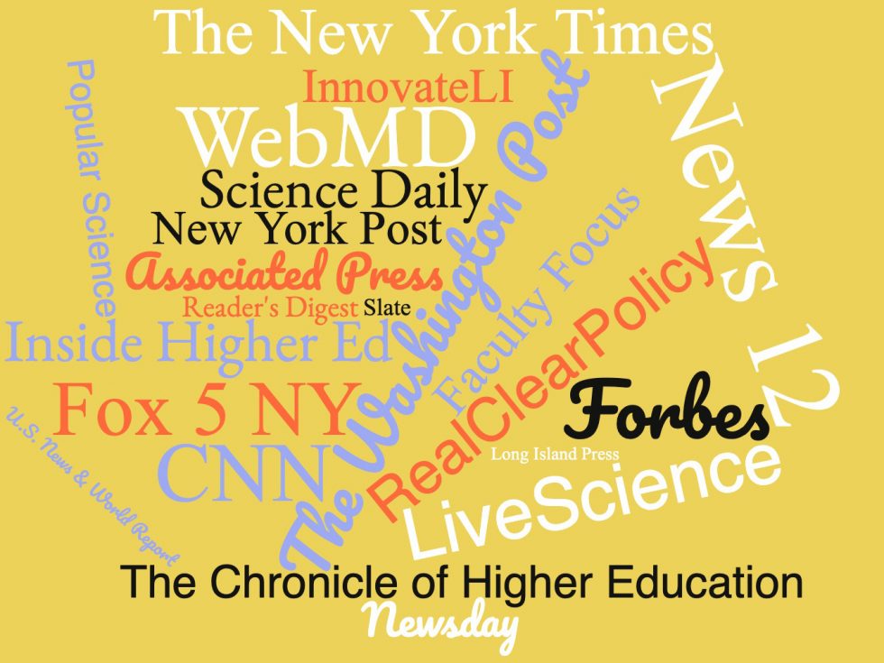 A word collage comprised of all the news media where Adelphi University was mentioned in 2021.