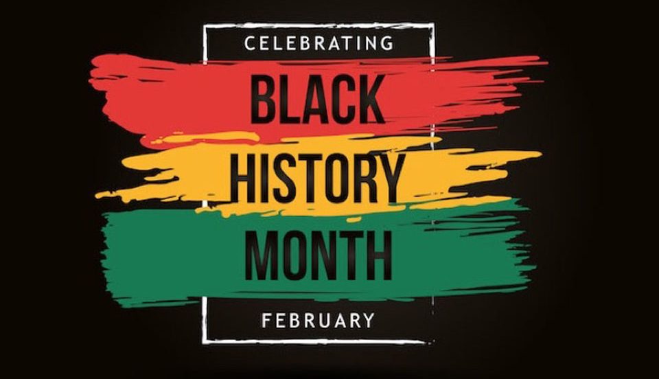 Celebrating Black History Month in February - Artwork showing red, gold and green brush strokes on a black background.