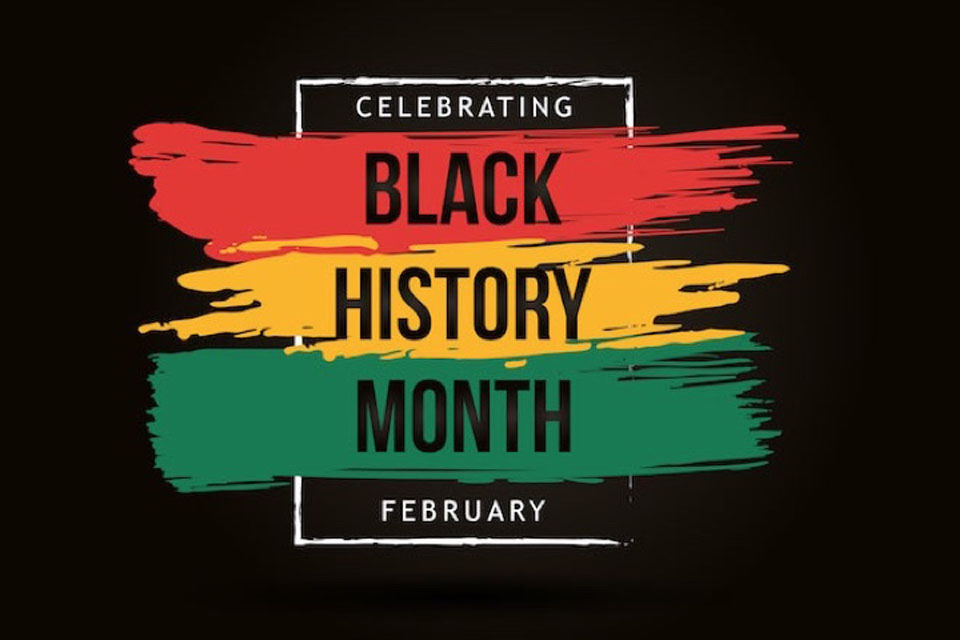 Celebrating Black History Month in February - Artwork showing red, gold and green brush strokes on a black background.