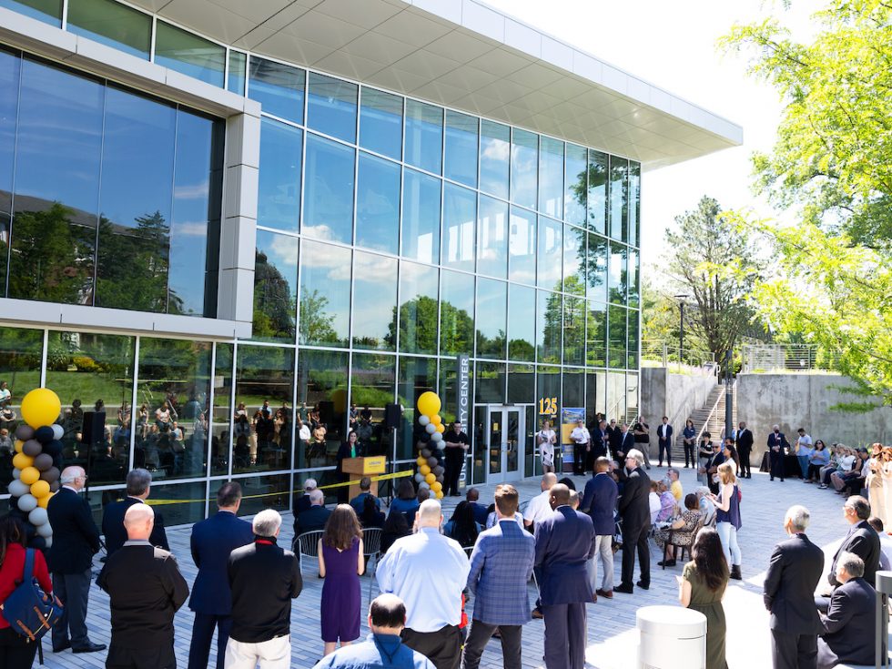 The Adelphi community gathered to celebrate the renovated and expanded Ruth S. Harley University Center with a ribbon cutting. 