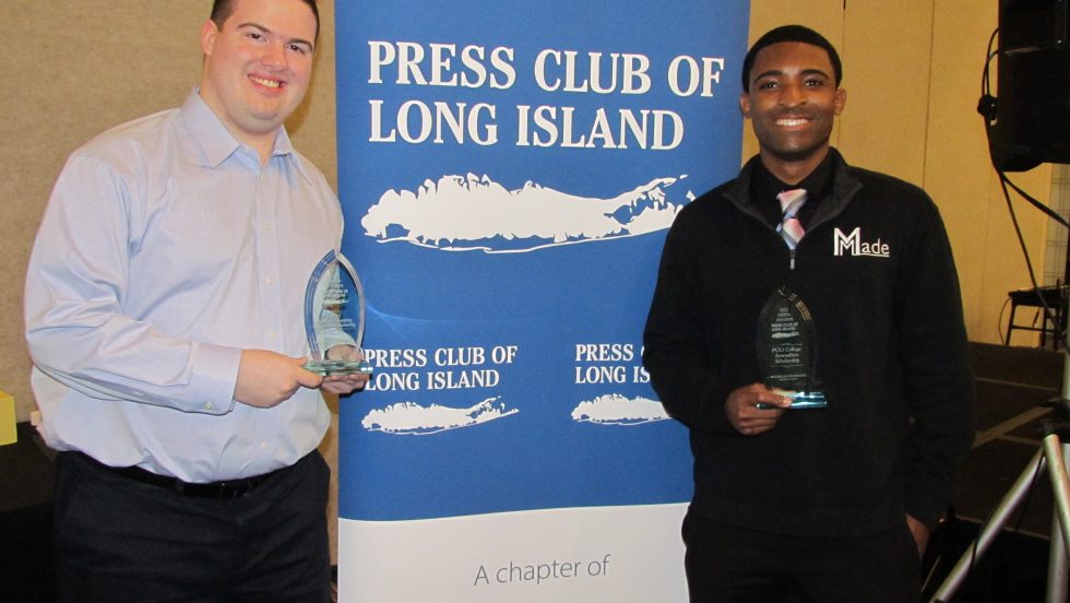 The Delphian staff holding awards in front of a Press Club of Long Island (PCLI) banner