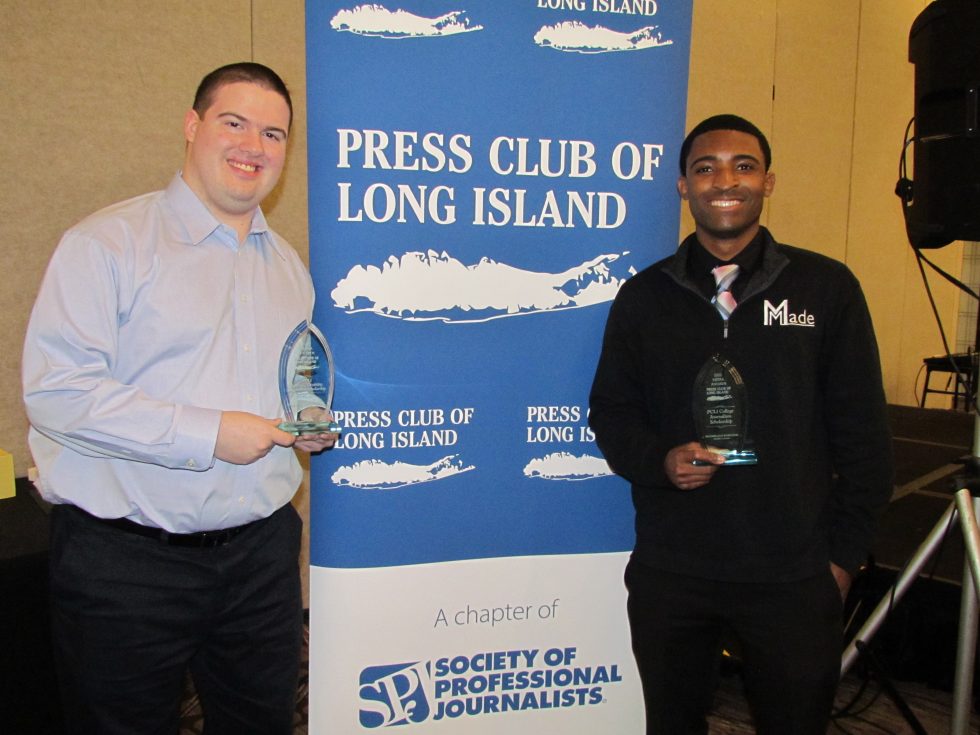 The Delphian staff holding awards in front of a Press Club of Long Island (PCLI) banner