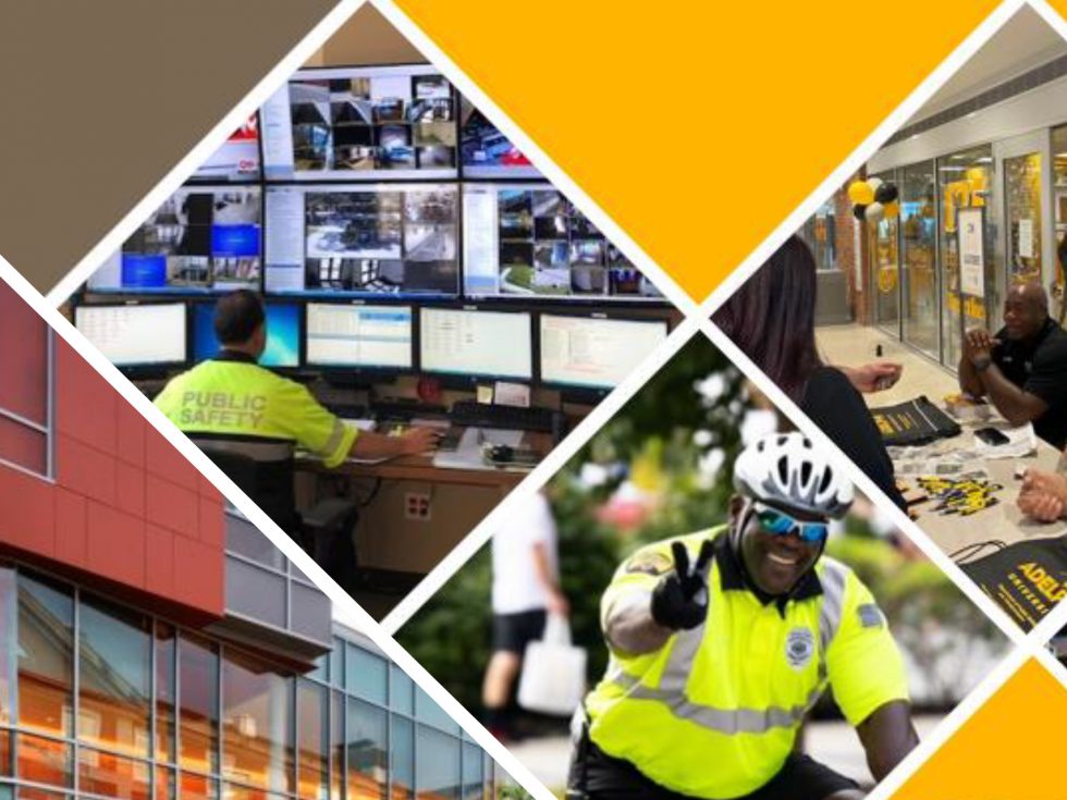 Collage of Public Safety officers and photos of Adelphi University campus