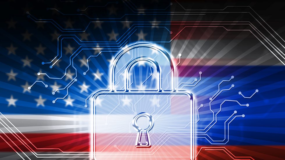 Concept: An American flag with motherboard circuits and a secure lock