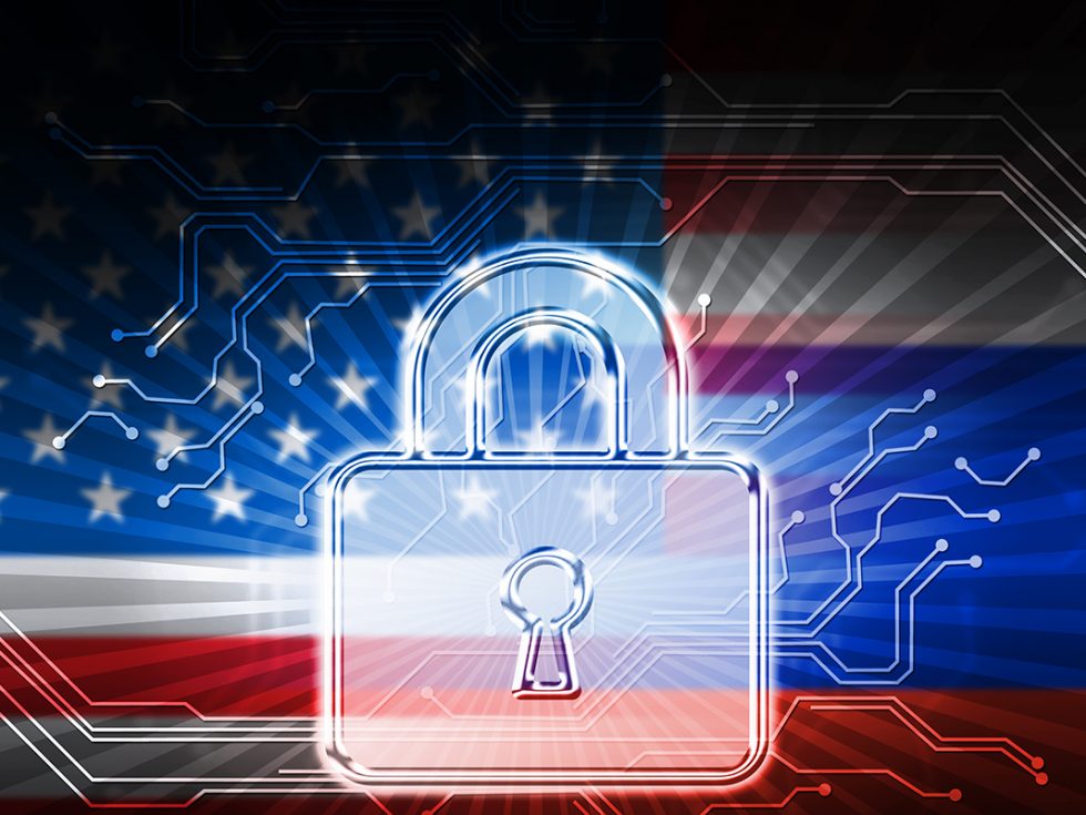 Concept: An American flag with motherboard circuits and a secure lock