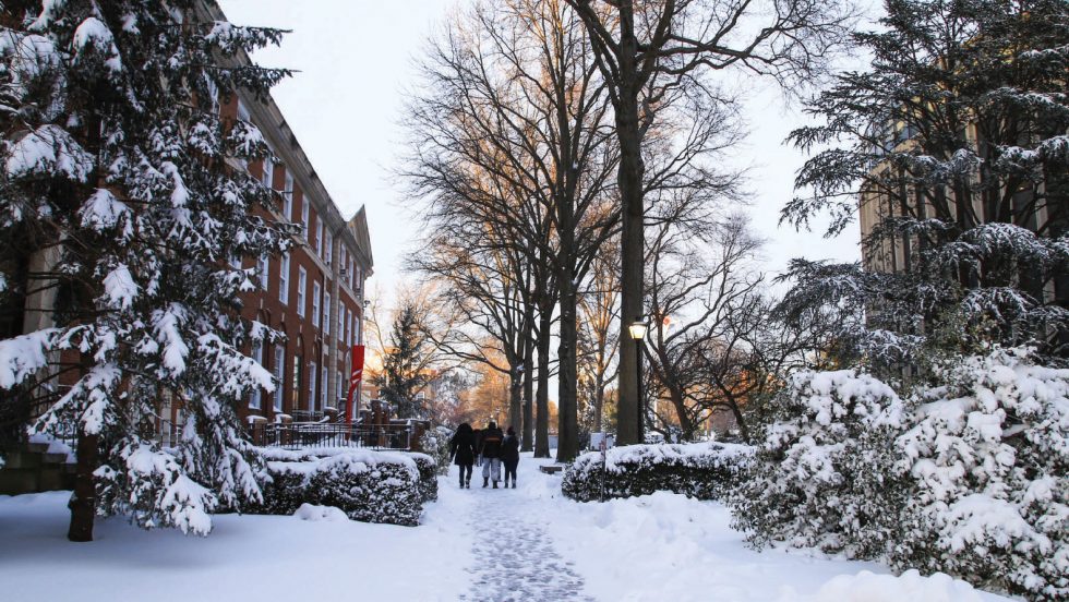 Adelphi University campus in the snow