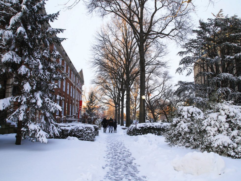 Adelphi University campus in the snow