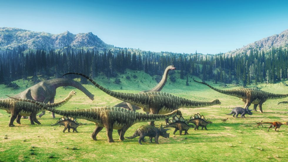 An illustration shows dinosaurs of varying sizes walking from left to right against a landscape of trees and mountains.