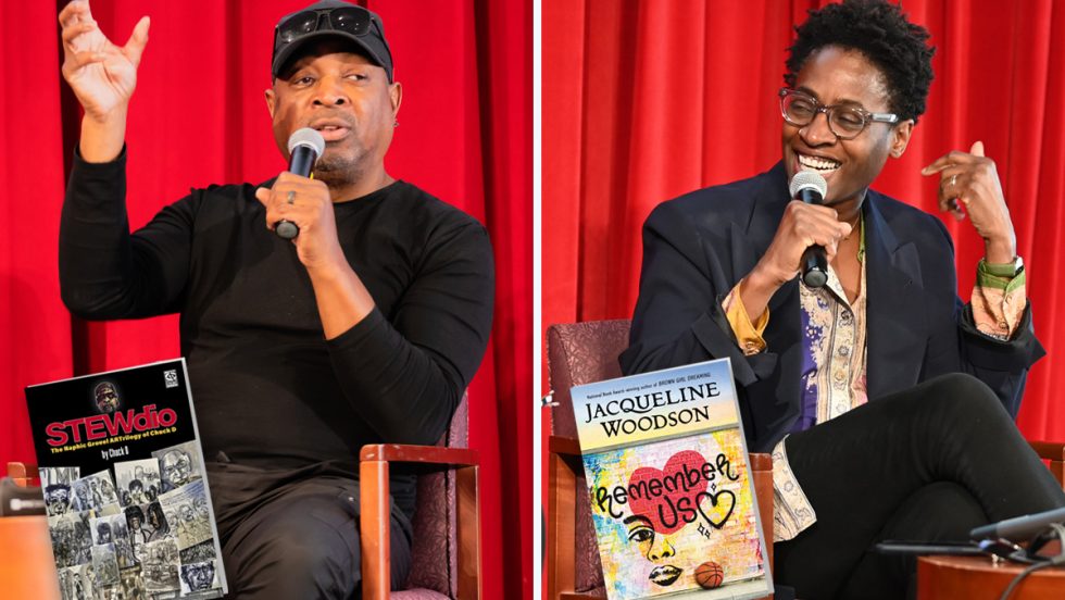 On the left is a Black man dressed in black, seated, holding a microphone. Inset is a photo of a book with a cover that reads "Stewdio by Chuck D." On the right is a Black woman, also seated and holding a microphone, with the inset of a book cover that reads "Jacqueline Woodson" and underneath "Remember Us."
