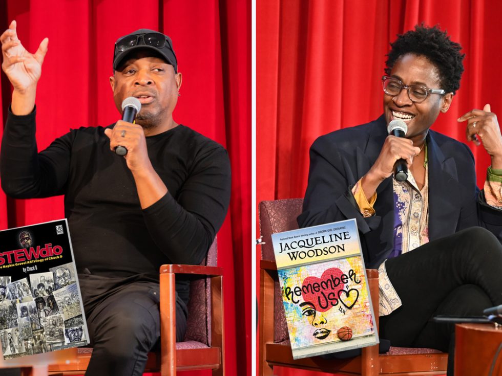 On the left is a Black man dressed in black, seated, holding a microphone. Inset is a photo of a book with a cover that reads "Stewdio by Chuck D." On the right is a Black woman, also seated and holding a microphone, with the inset of a book cover that reads "Jacqueline Woodson" and underneath "Remember Us."