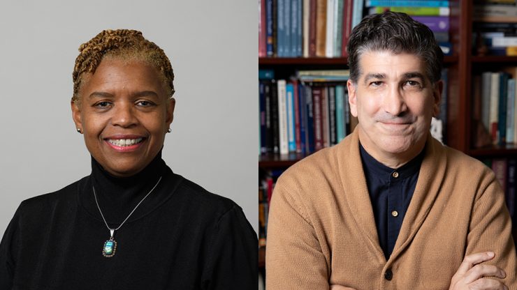 Joanne Corbin, wearing a black turtleneck sweater, smiles broadly at the camera. In another photograph place immediately to the right, J. Christoper Muran, wearing a tan cardigan sweater over a black polo shirt, smiles at the camera.