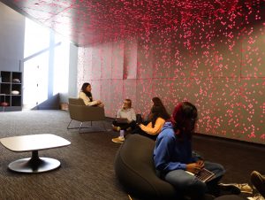Three young women sit on chairs in a sparsely furnished room. There is a brown wall covered in tiny pink lights.