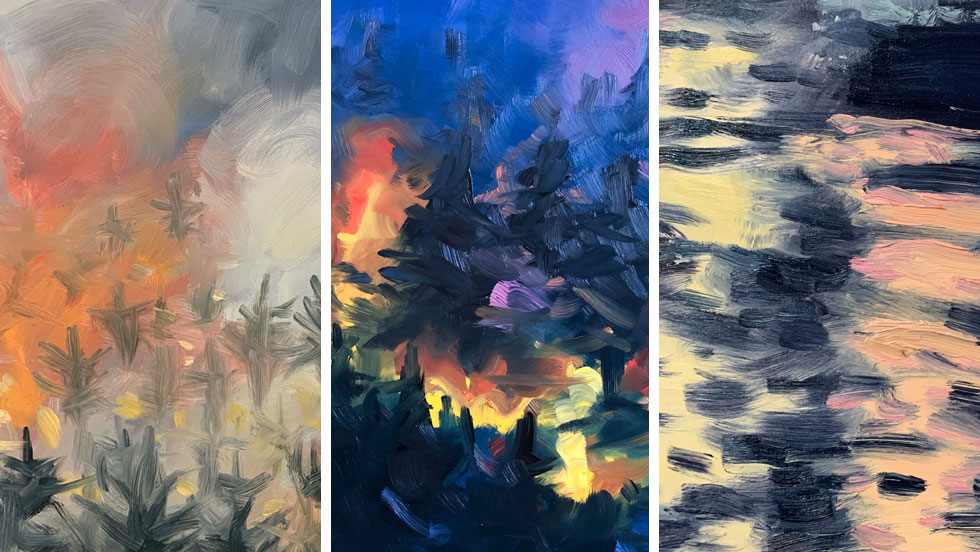 Three recent paintings. Critical Condition is a stylized depiction of a forest fire, with threes engulfed in orange flames, white smoke, and a black sky. Flooded Corner is an impressionistic image of a house besieged by black, yellow, silver and pink waters. Smoldering is another painting of a forest fire, this time with against a late-afternoon sky of dark blue.