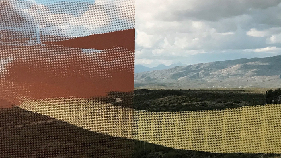  A colorized photo of the wall built at the U.S./Mexico border, with mountains in the background; a second image of another section of the wall, featuring halftone dots seen in photographs printed in newspapers, is superimposed over the top left quadrant of the photo