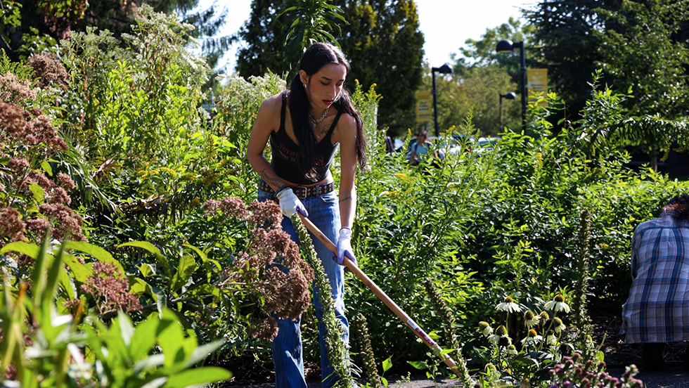 Female student uses large tool in a garden