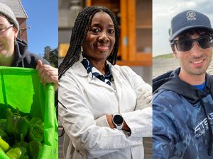 Portraits of three students. Kelly Andreuzzi is holding a green bag filled with vegetables grown at the campus's community garden. Morenike Olushola-Oni, in a lab coat, smiles at the camera. Joseph Benevento on the shore of the Jamaica Bay Wildlife Refuge in the New York City borough of Queens.