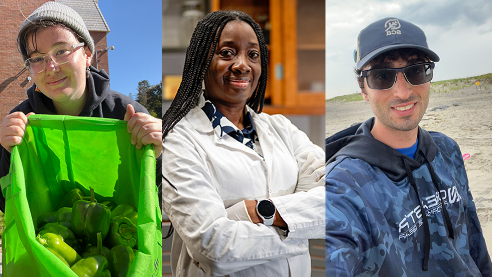 Portraits of three students. Kelly Andreuzzi is holding a green bag filled with vegetables grown at the campus's community garden. Morenike Olushola-Oni, in a lab coat, smiles at the camera. Joseph Benevento on the shore of the Jamaica Bay Wildlife Refuge in the New York City borough of Queens.