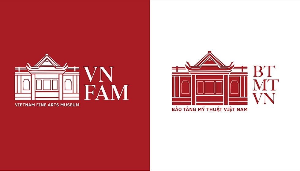 The logo has two parts. The left side shows an illustration of a detail of the museum building in white, set against a red background. The acronym VNFMA, also in white, is next to the museum. Beneath the museum illustration are the words "Vietnam Fine Arts Museum. The right side shows the same illustration and acronym in red, set against a white background. The name of the museum in Vietnamese — Bao Tang My Thuat Viet Nam — is just below.