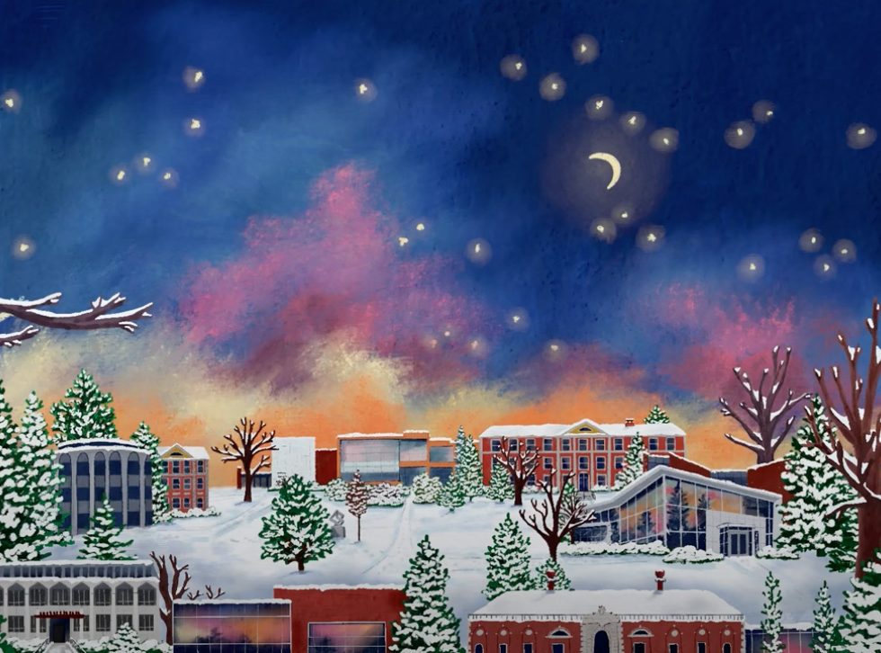 Illustrated watercolor of Adelphi University Garden City campus buildings in the snow with a starry night sky and moon.