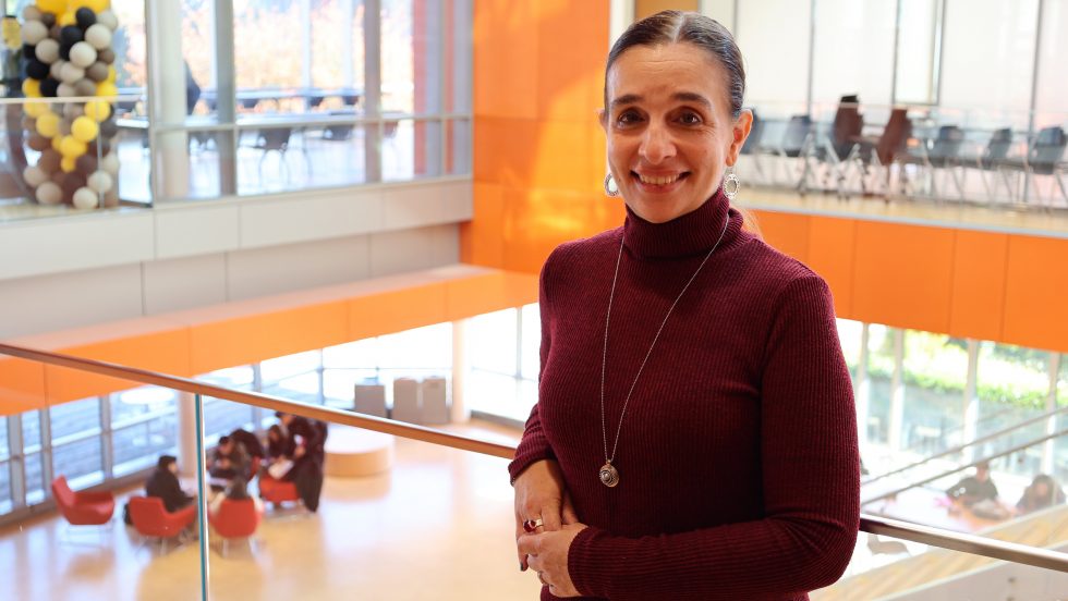 Dr. Gannon in the Nexus Building on Adelphi's Garden City campus