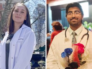 Portraits of Milly Tenenbaum, in a lab coat standing outside in New York City, and Tommy Joseph, holding a blue rose and two red roses, wearing a lab coat and tie, with a stethoscope around his neck, at his Adelphi graduation.