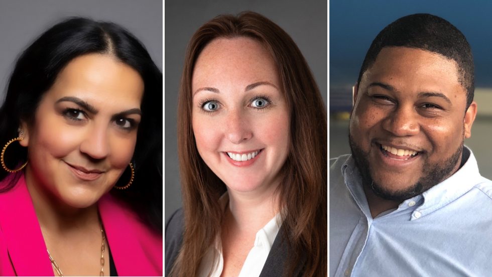 A composite of three headshots: A dark-skinned white woman, white woman and Black man, smiling.