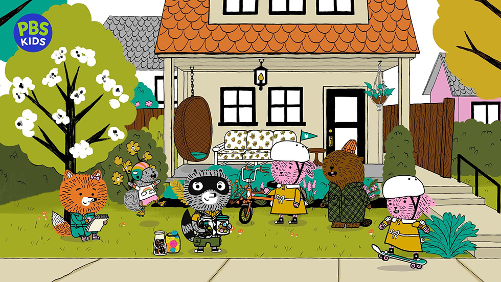 An illustration showing the cute characters from Carl the Collector. Carl is at center. He is flanked by Sheldon the beaver, Forrest the squirrel, Nico and Arugula the bunnies, and Lotta the fox. All are in the front yard of a house with flowering trees and bushes.