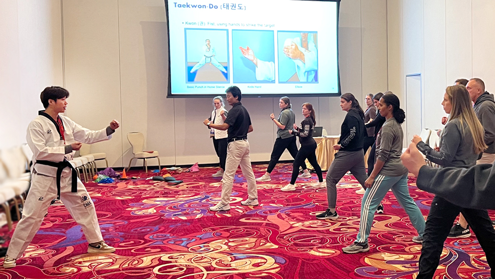 Asian man in martial arts clothing is demonstrating tae kwon do to people in Western clothing in a room with a red patterned carpet. A screen behind them has the words "tae kwon do" with illustrations of the movements.