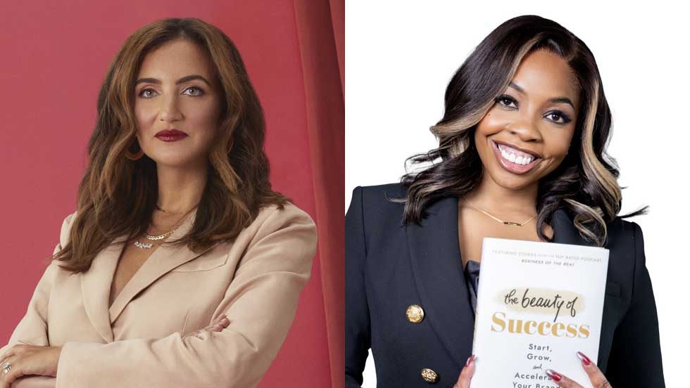 Two separate headshots: on the left, a white woman with straight brown hair and blue eyes, wearing a white shirt with a black pattern; on the right, a Black woman with long braids, silver earrings and a black jacket. Both are smiling.