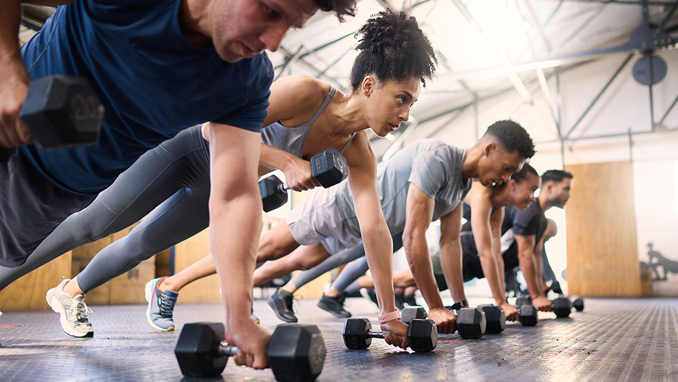 A group of people in fitness wear in an exercise class, in plank position on the floor, working out with weights